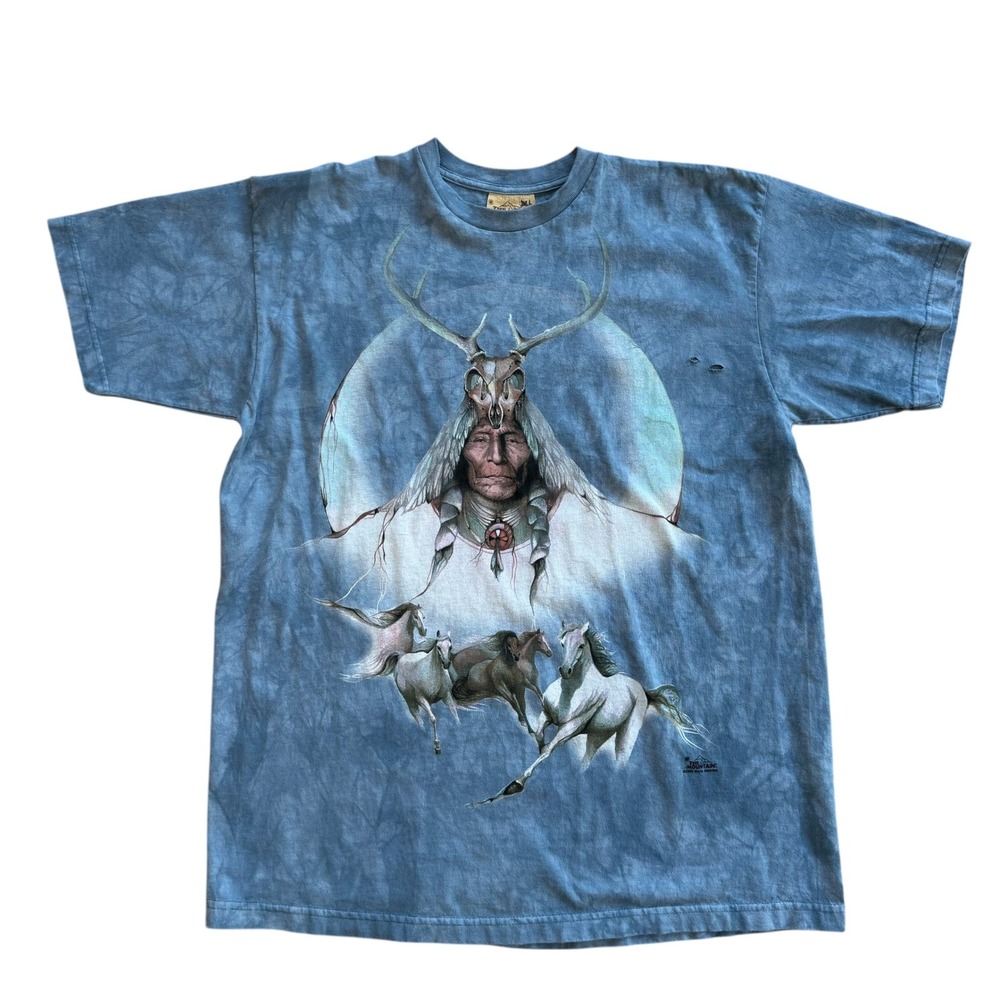 Vintage 2000 The Mountain Shaman Horses‎ Tie Dye T-Shirt Blue XL Marie Buchfink